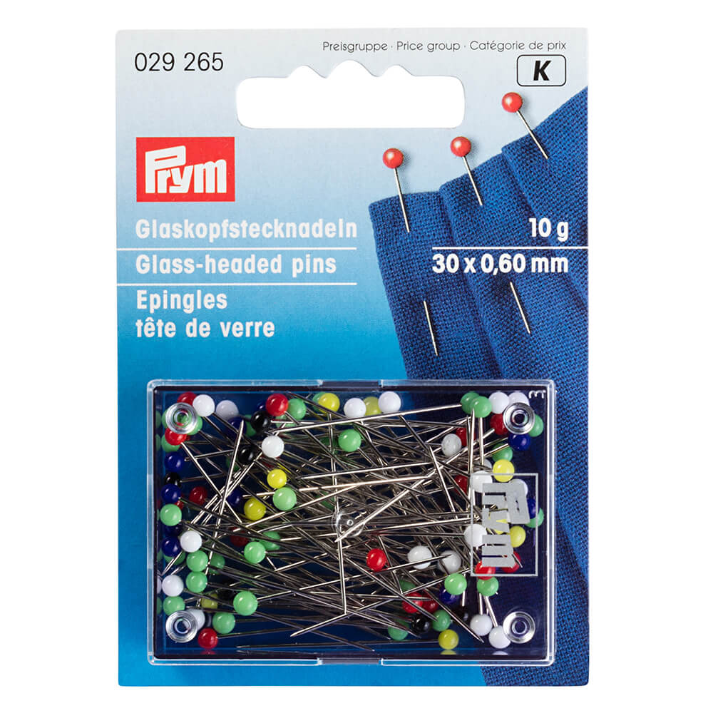 Prym Glaskopfstecknadeln 029265 – bunt, 30 × 0,60 mm, 10 g; 1 Karte mit 10 g Glaskopfstecknadeln